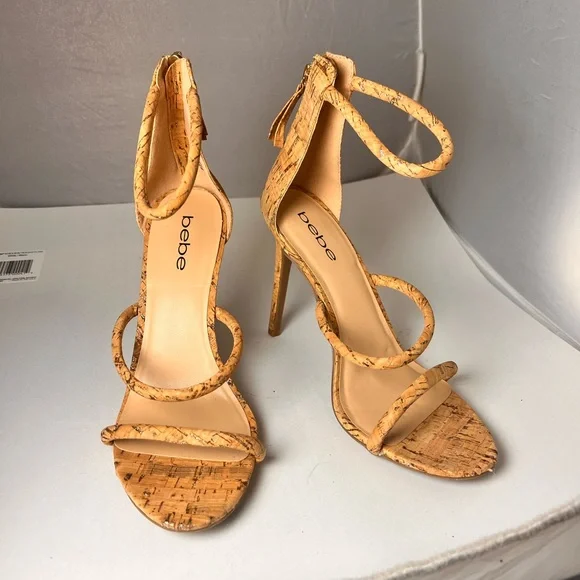 Bebe BERDINE Size 8 Glittery Cork Ankle Strap High Heels Classy Stylish - Picture 1 of 5
